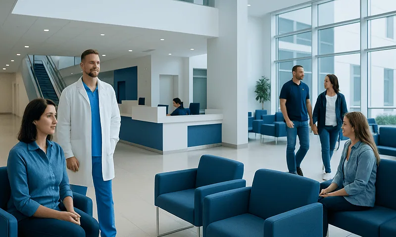 Modern hospital lobby with patients and staff in a bright, spacious setting.