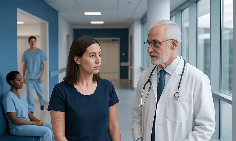 Doctor consulting a patient in a hospital corridor with medical staff in background.