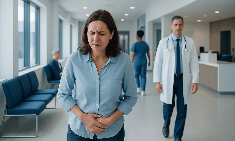 Woman experiencing abdominal pain in hospital corridor with doctor nearby.