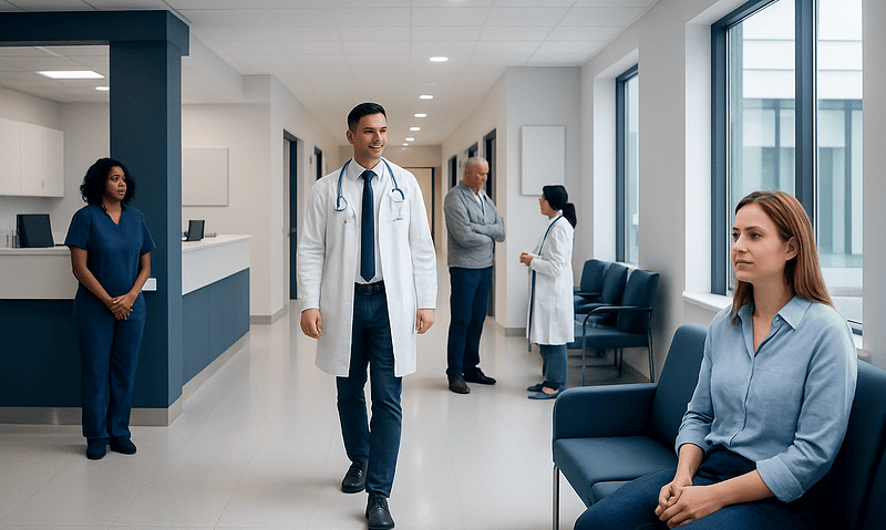 Medical professionals and patient in a hospital corridor at Acibadem Hospitals Group.