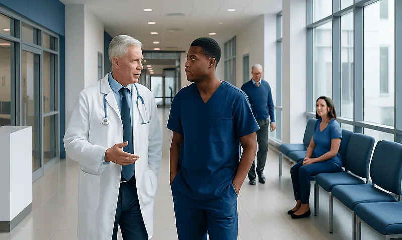 Medical professionals discussing patient care in hospital corridor.