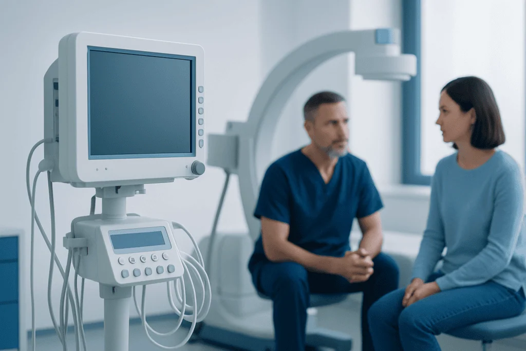 Doctor and patient in a medical consultation room with diagnostic equipment.