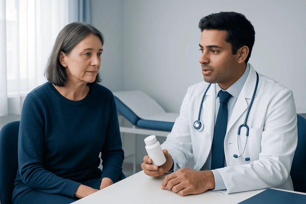Doctor explaining medication to a patient in a clinical setting.