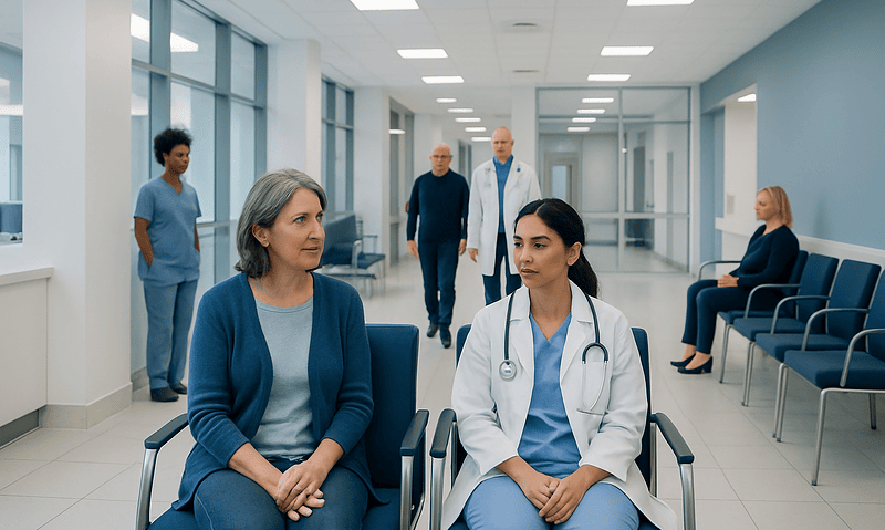 Medical consultation in hospital corridor with diverse healthcare professionals.