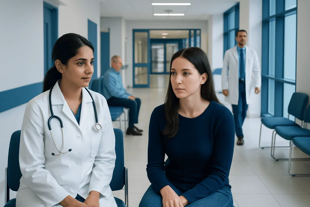 UTI vs Yeast Infection: Symptoms and Differences 1 Doctor consulting a patient in a hospital corridor with other medical staff in the background.