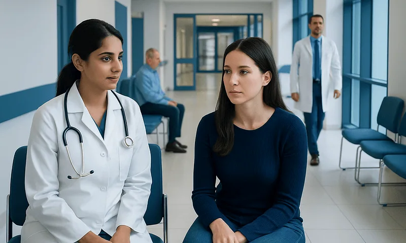 Doctor consulting a patient in a hospital corridor with other medical staff in the background.
