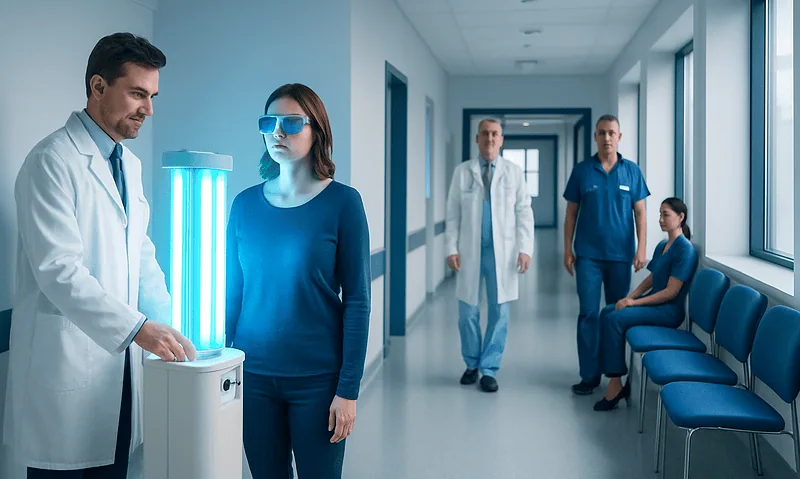 Patient undergoing UV light therapy at Acibadem Hospital.