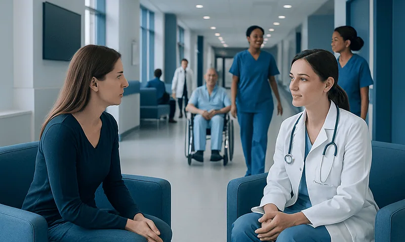 Medical consultation in hospital corridor with healthcare professionals and patient.