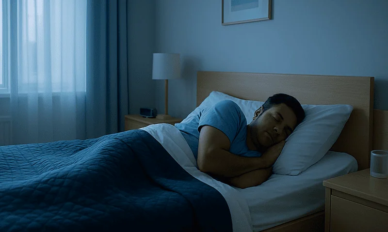 Man sleeping peacefully in a modern bedroom with blue tones.