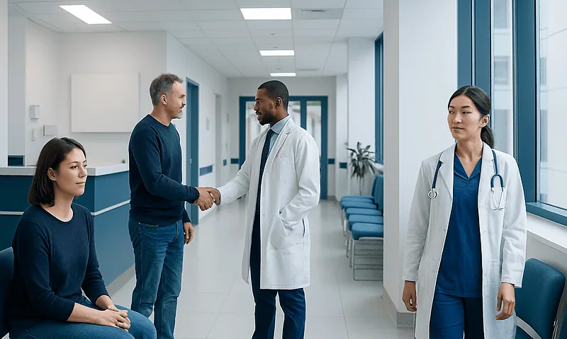 Doctors shaking hands in a hospital corridor with patients nearby.