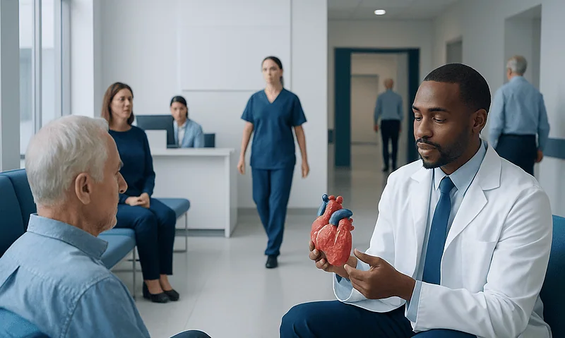 Doctor explaining heart anatomy to patient in hospital setting.