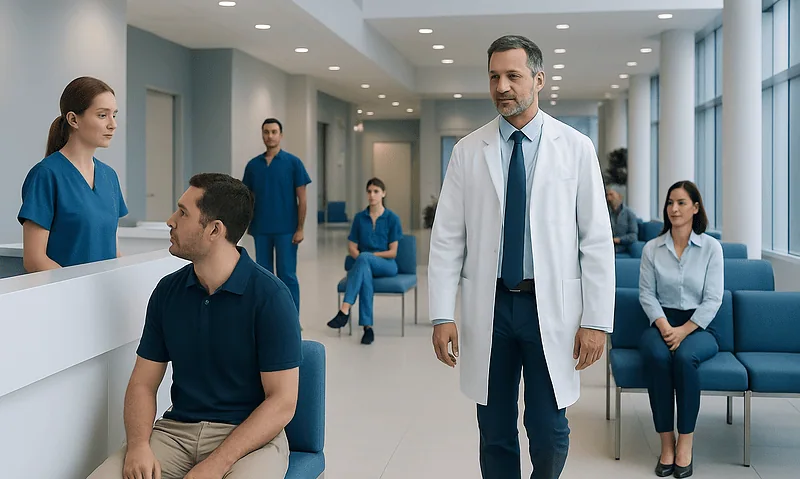 Medical team in hospital waiting area with doctor and patients.