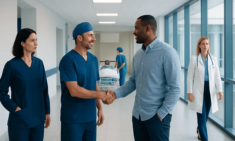 Medical professionals shaking hands in a hospital corridor.