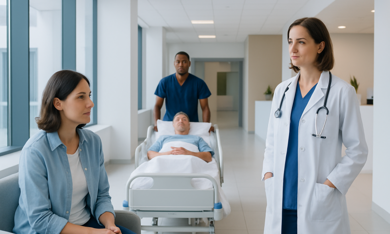 Hospital consultation with a patient and medical staff in a modern facility.