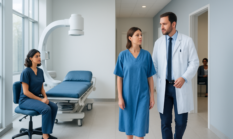 Medical consultation in a hospital with doctors and patient in a modern clinic setting.