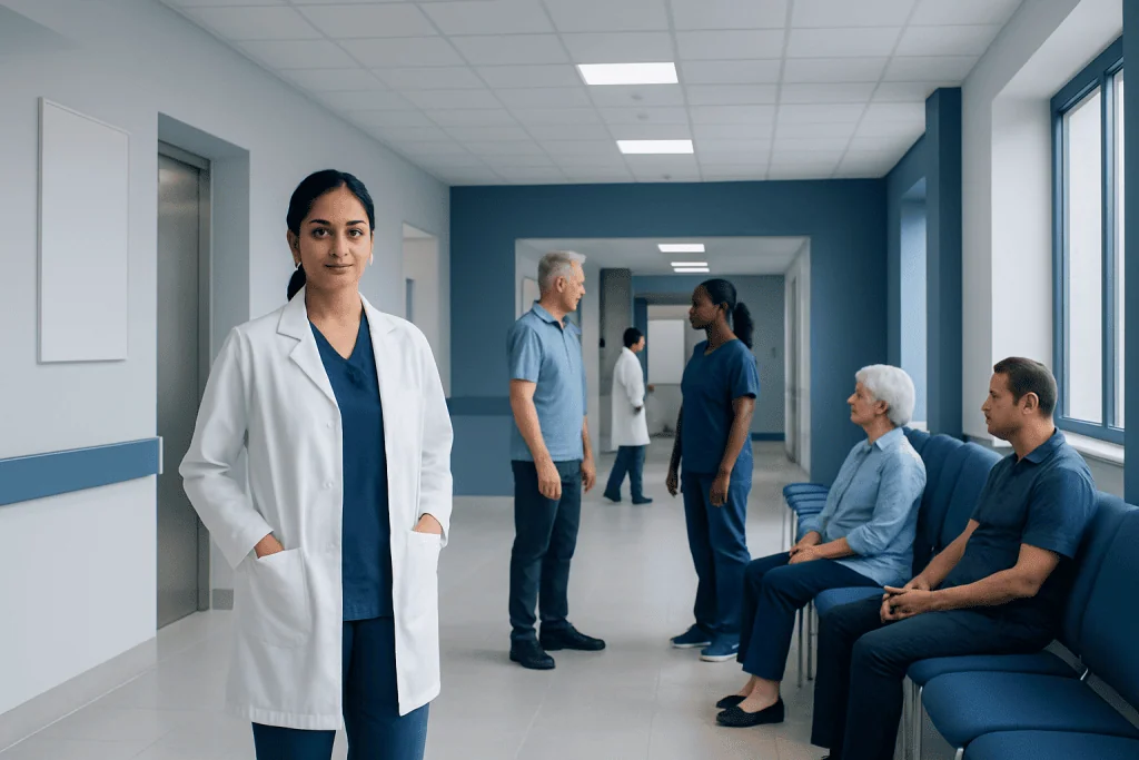 Vein Ablation: A Complete Medical Overview 1 Healthcare professionals and patients in a hospital corridor at Acibadem Hospitals Group.