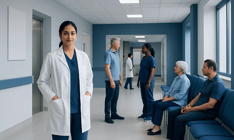 Healthcare professionals and patients in a hospital corridor at Acibadem Hospitals Group.