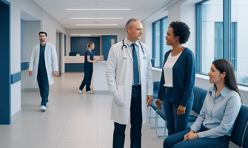 Medical professionals and patient in a modern hospital corridor.
