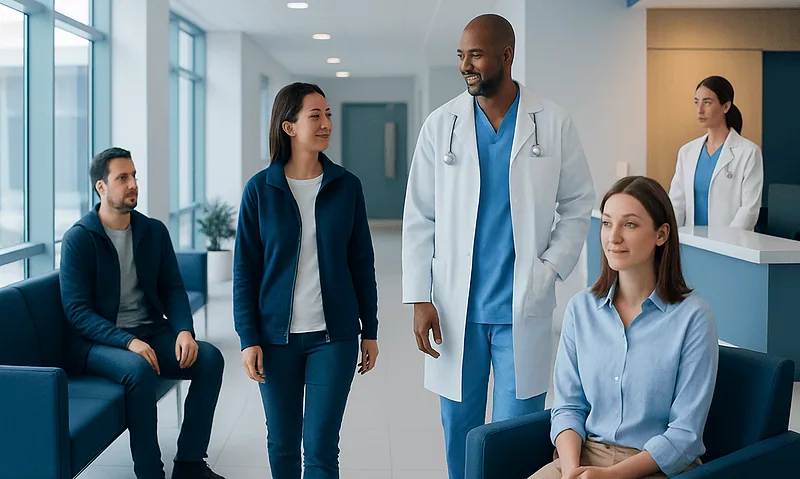 Patients and doctor in a modern hospital waiting area in Turkey.