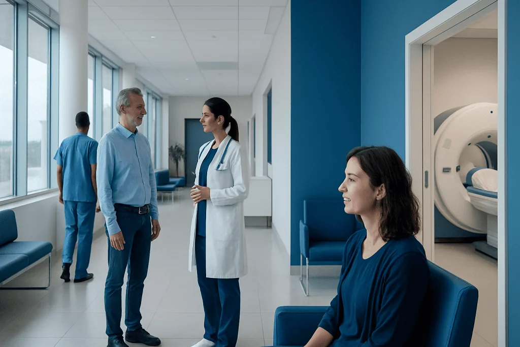 Vestibular Schwannoma MRI: Preparation, Procedure and Results 1 Medical professionals and patient in a hospital corridor with MRI machine in background.