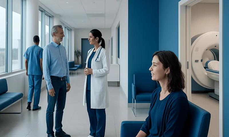 Vestibular Schwannoma MRI: Preparation, Procedure and Results 5 Medical professionals and patient in a hospital corridor with MRI machine in background.