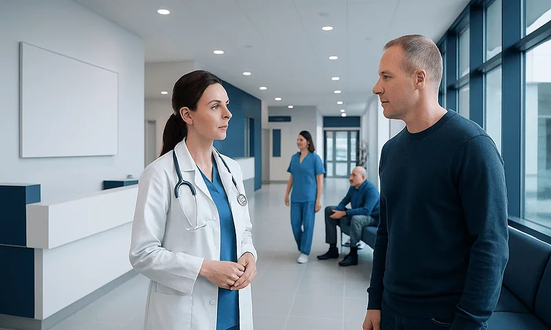 Doctor talking to patient in hospital corridor at Acibadem Hospitals Group.