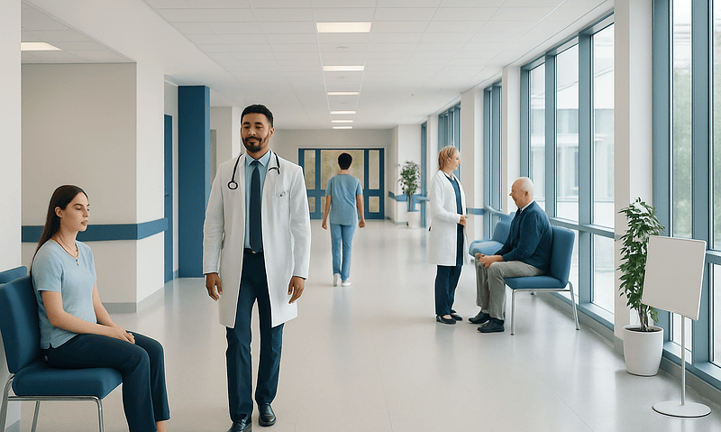 Medical professionals and patients in a modern hospital corridor.