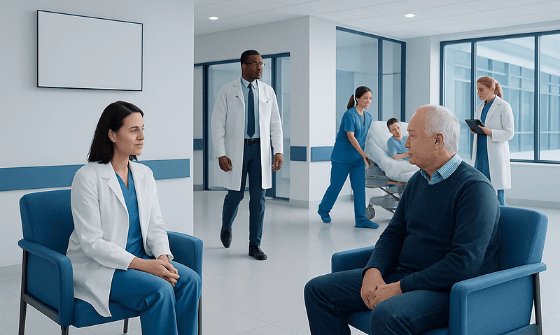 Medical consultation with doctor and patient in hospital setting.