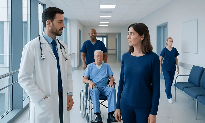 Medical team discussing patient care in hospital corridor.