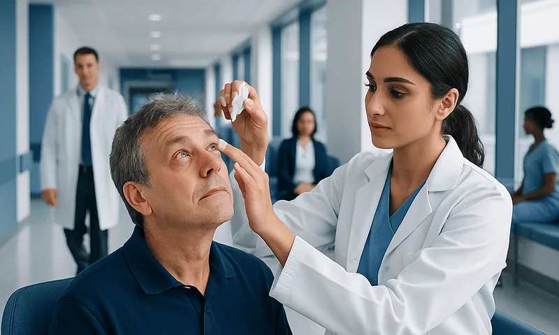 Doctor examining patient's eye in a modern hospital setting.