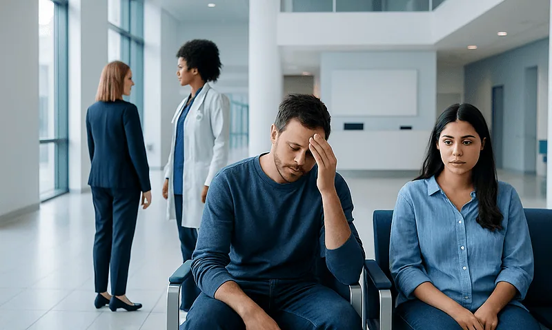 Patient experiencing headache in hospital waiting area with medical staff nearby.