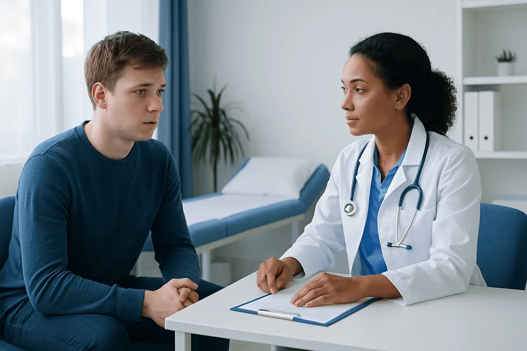 Doctor consulting with a young male patient in a medical office.