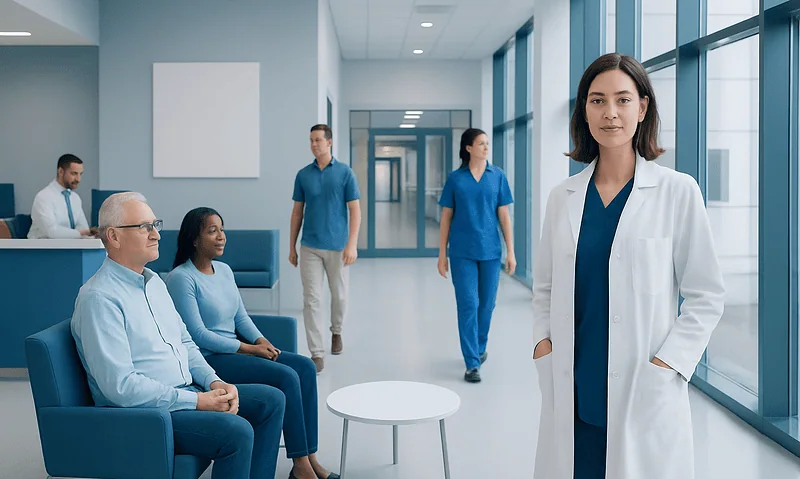 Medical team and patients in a hospital corridor with large windows.