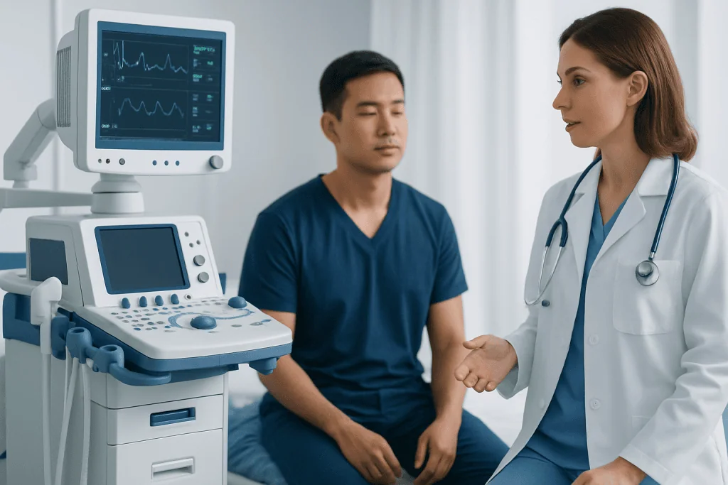 Doctor explaining medical results to a patient in a hospital room.