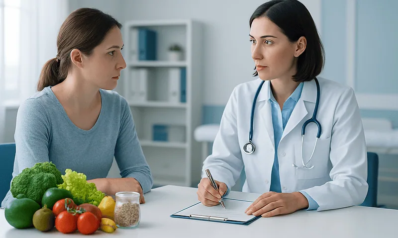 Doctor consulting with a young woman in a medical office with vegetables on the table.