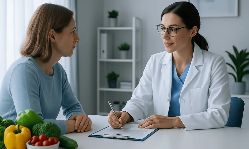 Doctor consulting with patient about vitamin B12-rich foods in a clinic setting.