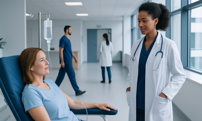 Doctor talking to patient in hospital corridor with IV drip.