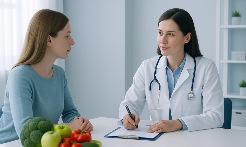 Doctor consulting with a patient about health and nutrition.