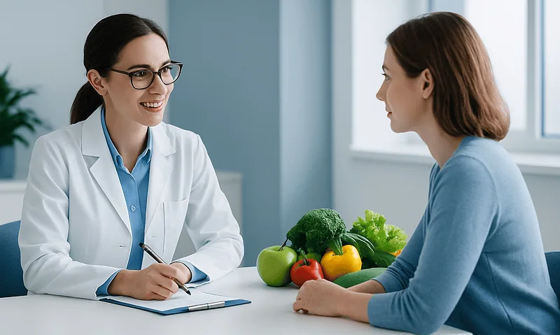 Doctor consulting with a patient about healthy foods for vitamin D intake.