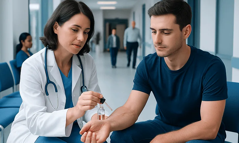 Doctor administering a blood test to a young male patient in a hospital corridor.