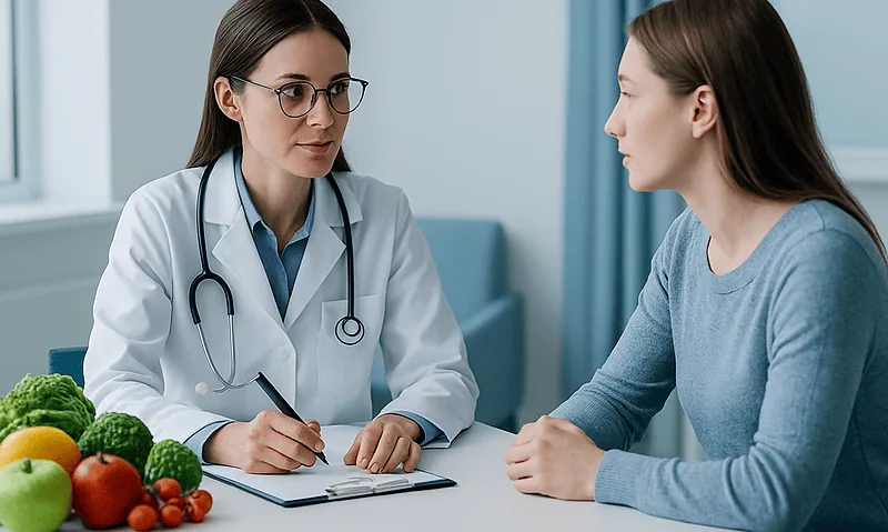 Doctor consulting patient about health and nutrition in a clinical setting.