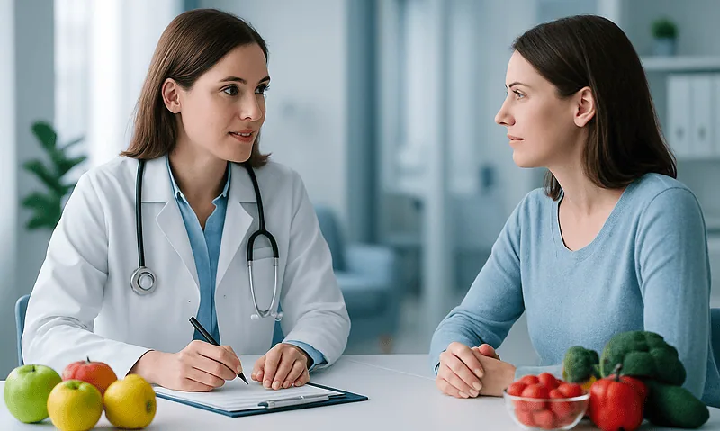 Doctor consulting with patient in a medical office with fruits on the table.