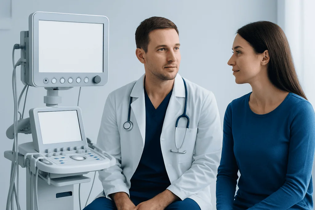 Doctor consulting with a patient in a medical examination room.