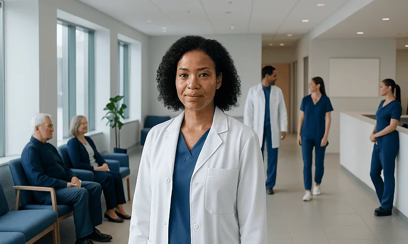 Medical professional in hospital corridor with patients and staff.