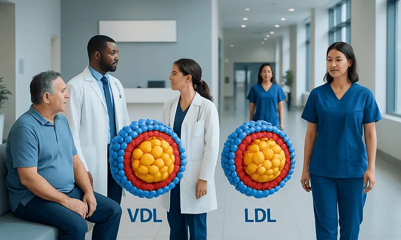 Medical professionals explain VLDL and LDL cholesterol differences to patient.