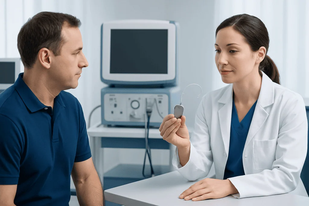 Doctor explains VNS device to patient in a clinical setting.