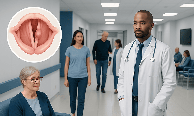 Doctor consulting with elderly patient in hospital corridor with throat anatomy inset.