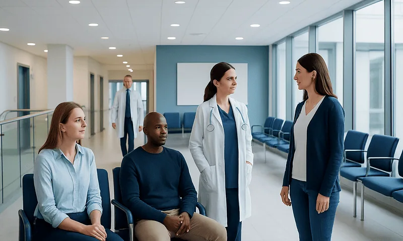 Patients waiting in a hospital corridor with medical staff present.