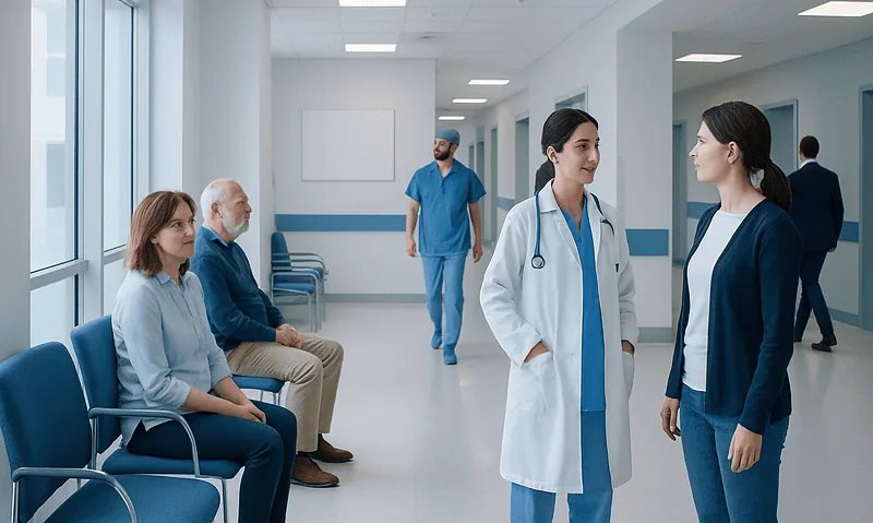 Hospital corridor with medical staff and patients in a modern healthcare facility.