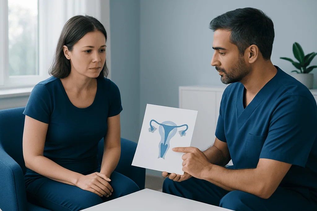 Doctor explains uterine health to patient with diagram of female reproductive system.